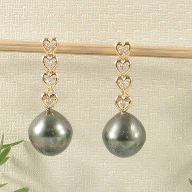 Black Tahitian Pearl & Diamond Heart Dangle Earrings – 14k Yellow Gold