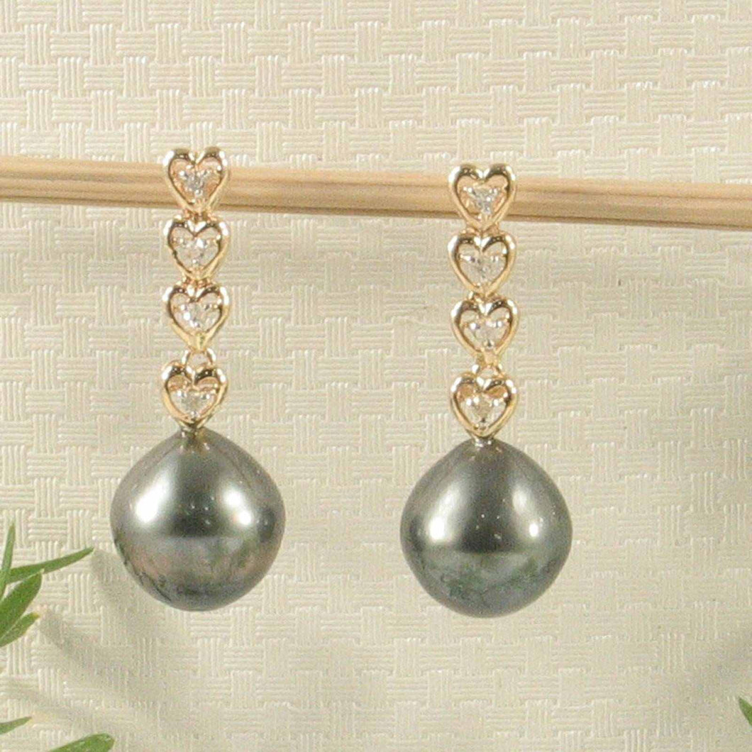 Black Tahitian Pearl & Diamond Heart Dangle Earrings – 14k Yellow Gold