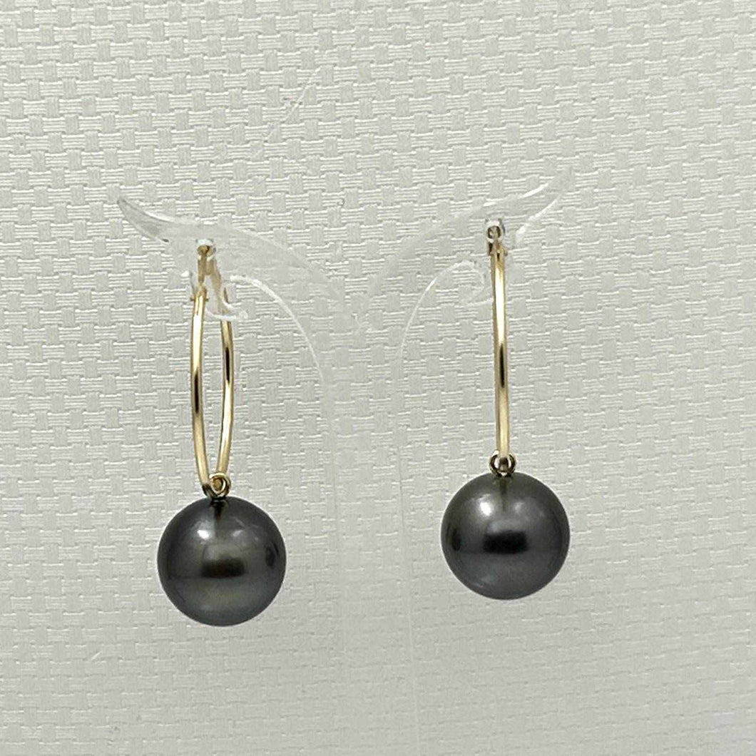 14k Yellow Gold Black Tahitian Pearl Charm Hoop Earrings