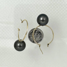 Load image into Gallery viewer, 14k Yellow Gold Black Tahitian Pearl Charm Hoop Earrings