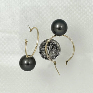 14k Yellow Gold Black Tahitian Pearl Charm Hoop Earrings