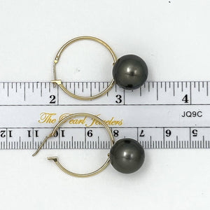 14k Yellow Gold Black Tahitian Pearl Charm Hoop Earrings