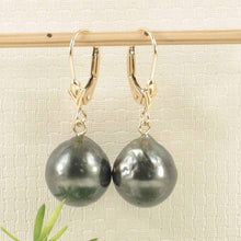 Load image into Gallery viewer, 14k Yellow Gold Black Tahitian Pearl Leverback Earrings (11.2 mm)