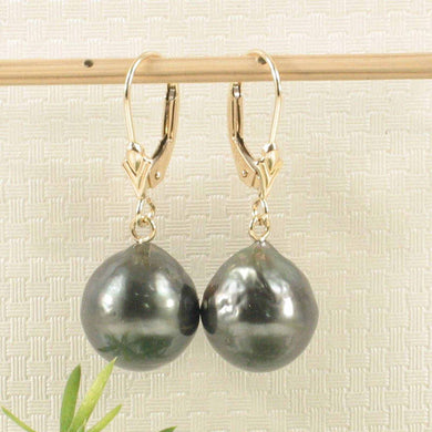 14k Yellow Gold Black Tahitian Pearl Leverback Earrings (11.2 mm)