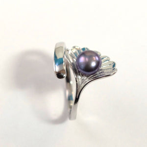Solid Silver .925 Black-Gray Freshwater Pearl Shell-Style Adjustable Ring