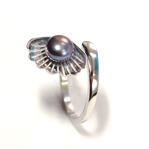 Solid Silver .925 Black-Gray Freshwater Pearl Shell-Style Adjustable Ring