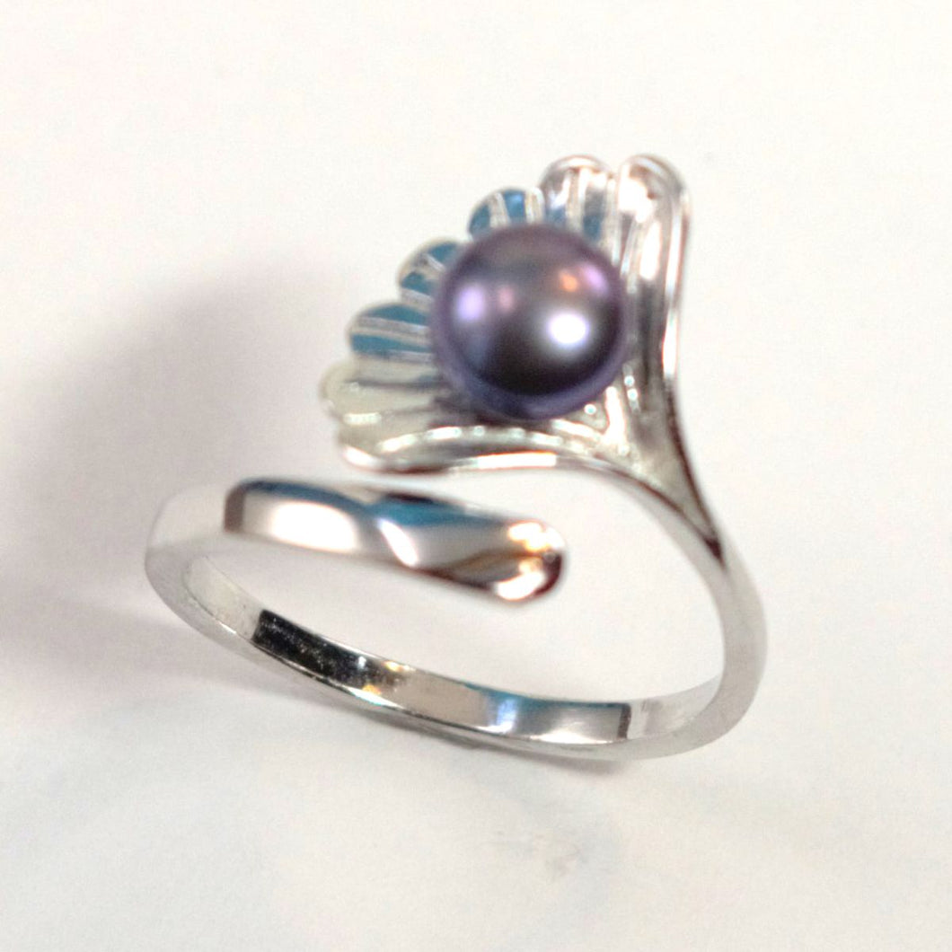 Solid Silver .925 Black-Gray Freshwater Pearl Shell-Style Adjustable Ring