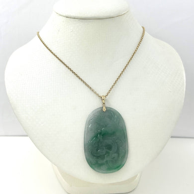 Hand Carved Dragon & Phoenix Apple Green Jade 14k Yellow Gold Bale Pendant Necklace