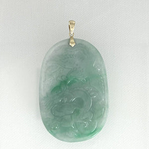Hand Carved Dragon & Phoenix Apple Green Jade 14k Yellow Gold Bale Pendant Necklace
