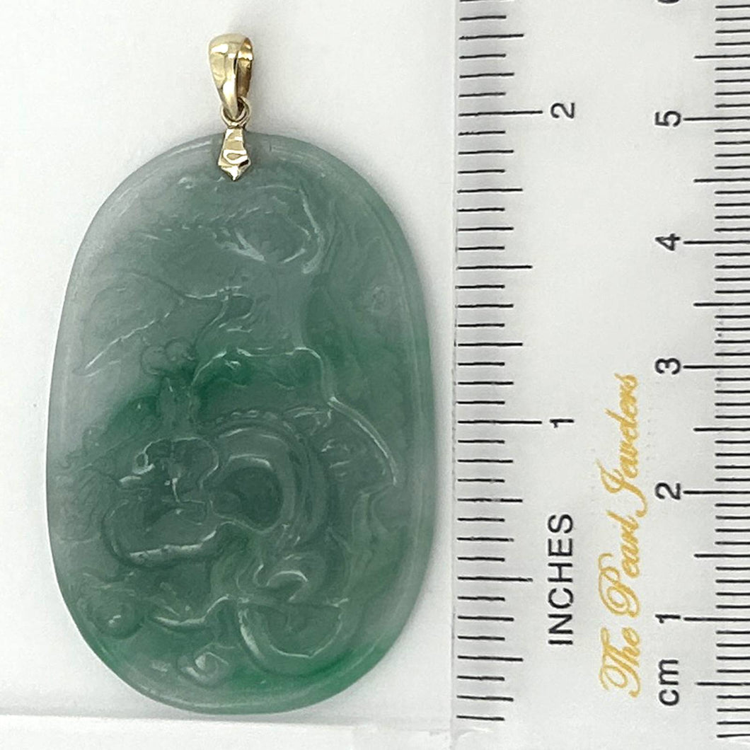Hand Carved Dragon & Phoenix Apple Green Jade 14k Yellow Gold Bale Pendant Necklace
