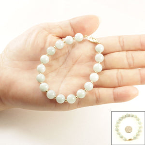 Natural 8mm Celadon Green Jade Beads Bracelet with 14k Yellow Gold Clasp