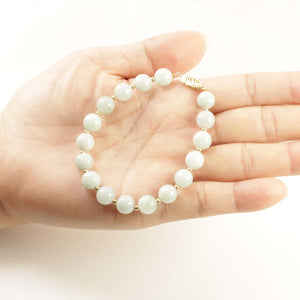 Natural 8mm Celadon Green Jade Beads Bracelet with 14k Yellow Gold Clasp