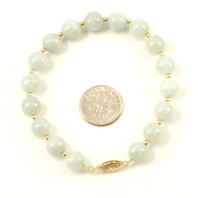 Natural 8mm Celadon Green Jade Beads Bracelet with 14k Yellow Gold Clasp