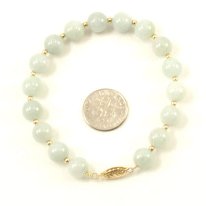 Natural 8mm Celadon Green Jade Beads Bracelet with 14k Yellow Gold Clasp