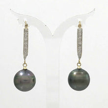Load image into Gallery viewer, Charming Black Tahitian Pearl Dangle Earrings – 14k Yellow Gold &amp; Diamonds
