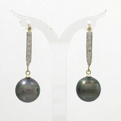 Charming Black Tahitian Pearl Dangle Earrings – 14k Yellow Gold & Diamonds