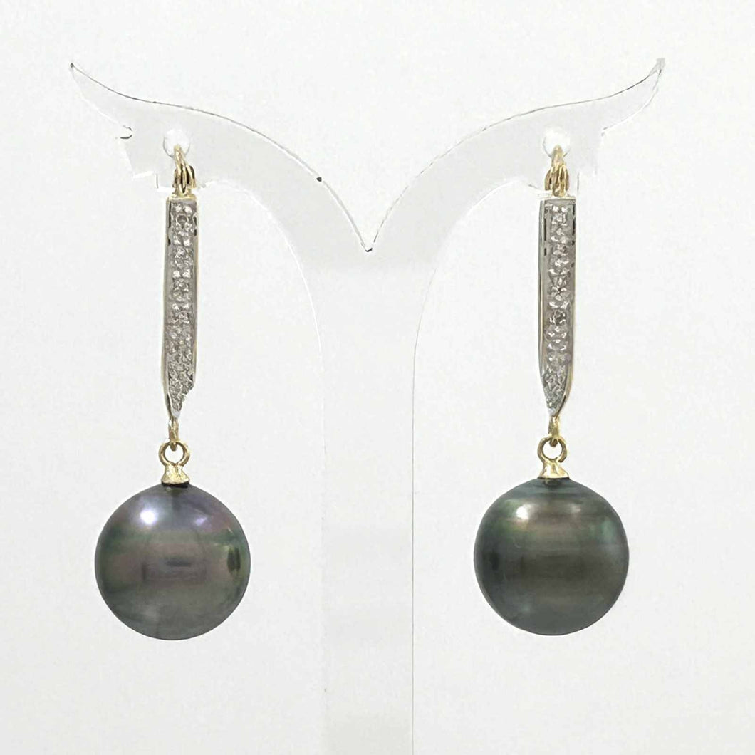 Charming Black Tahitian Pearl Dangle Earrings – 14k Yellow Gold & Diamonds