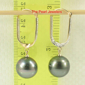 Charming Black Tahitian Pearl Dangle Earrings – 14k Yellow Gold & Diamonds