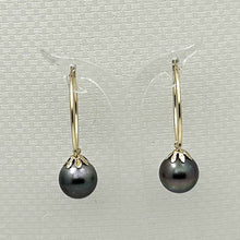 Load image into Gallery viewer, Classic Black Tahitian Pearl Hoop Earrings – 14k Yellow Gold