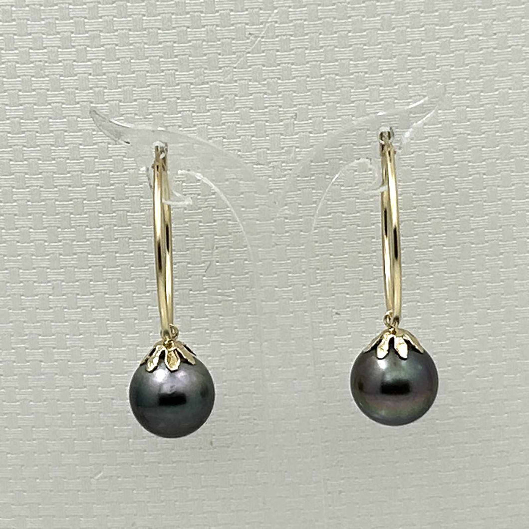 Classic Black Tahitian Pearl Hoop Earrings – 14k Yellow Gold