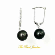 Load image into Gallery viewer, Classic Round Tahitian Pearl &amp; Diamond Dangle Earrings – 14k White Gold