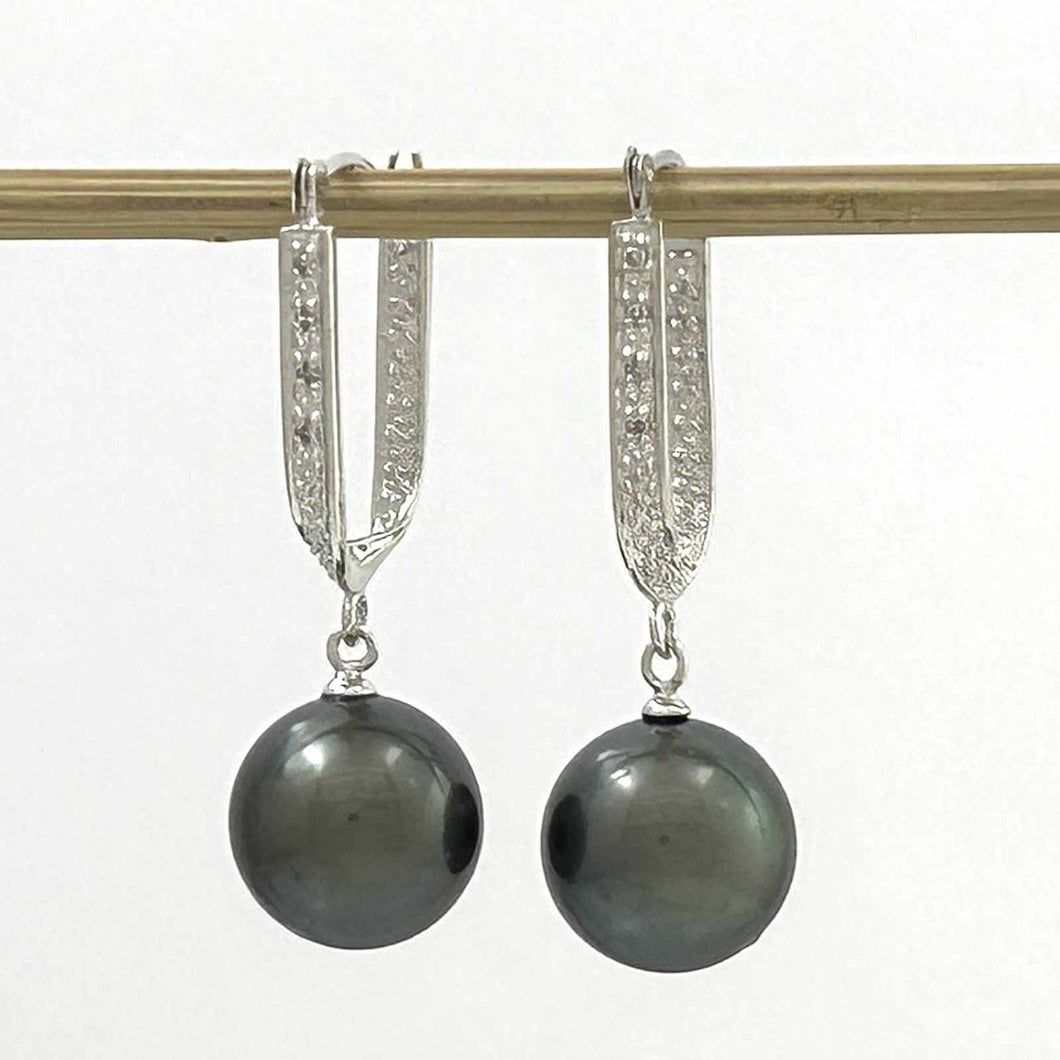 Classic Round Tahitian Pearl & Diamond Dangle Earrings – 14k White Gold