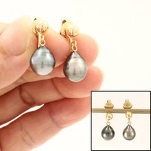 Load image into Gallery viewer, Classic Black Tahitian Pearl Clip On Dangle Earrings – 14k Yellow Gold &amp; Fill