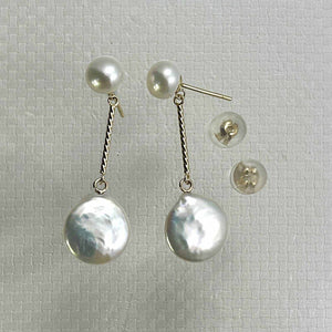 Genuine White Coin Cultured Pearl Dangle Earrings – 14 k Yellow Gold