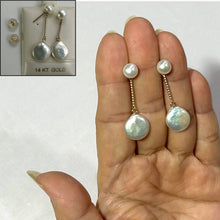 Load image into Gallery viewer, Genuine White Coin Cultured Pearl Dangle Earrings – 14 k Yellow Gold