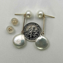 Load image into Gallery viewer, Genuine White Coin Cultured Pearl Dangle Earrings – 14 k Yellow Gold