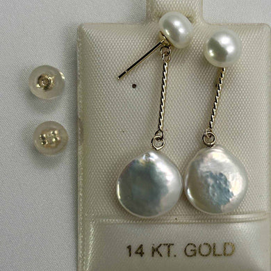 Genuine White Coin Cultured Pearl Dangle Earrings – 14 k Yellow Gold