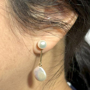 Genuine White Coin Cultured Pearl Dangle Earrings – 14 k Yellow Gold