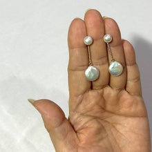 Load image into Gallery viewer, Genuine White Coin Cultured Pearl Dangle Earrings – 14 k Yellow Gold