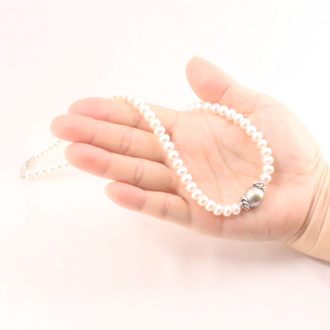 Gray Tahitian Pearl with F/W Pearls & Silver Bali Beads Necklace