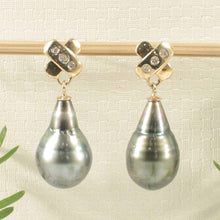 Load image into Gallery viewer, 14k Yellow Gold Diamond &amp; Peacock Tahitian Pearl Dangle Earrings
