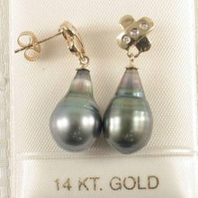 Load image into Gallery viewer, 14k Yellow Gold Diamond &amp; Peacock Tahitian Pearl Dangle Earrings