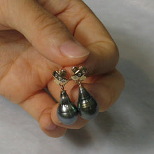 Load image into Gallery viewer, 14k Yellow Gold Diamond &amp; Peacock Tahitian Pearl Dangle Earrings