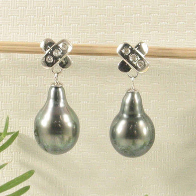 14k White Gold Diamond & Peacock Tahitian Pearl Dangle Earrings