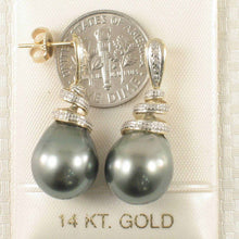Load image into Gallery viewer, 14k Yellow Gold Diamond &amp; Genuine Tahitian Pearl Dangle Earrings