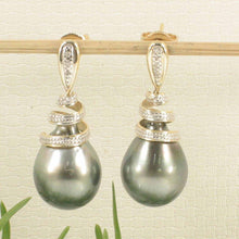 Load image into Gallery viewer, 14k Yellow Gold Diamond &amp; Genuine Tahitian Pearl Dangle Earrings