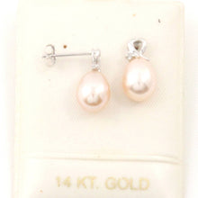 Load image into Gallery viewer, Diamond &amp; Pink Teardrop Pearl Studs (White Gold)