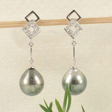 Genuine Diamonds & Black Peacock Tahitian Pearl Dangle Earrings – 14k White Gold