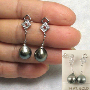 Genuine Diamonds & Black Peacock Tahitian Pearl Dangle Earrings – 14k White Gold