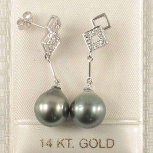 Genuine Diamonds & Black Peacock Tahitian Pearl Dangle Earrings – 14k White Gold
