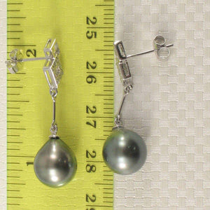 Genuine Diamonds & Black Peacock Tahitian Pearl Dangle Earrings – 14k White Gold