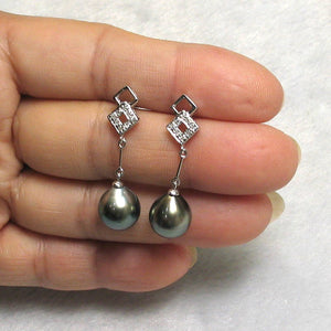Genuine Diamonds & Black Peacock Tahitian Pearl Dangle Earrings – 14k White Gold