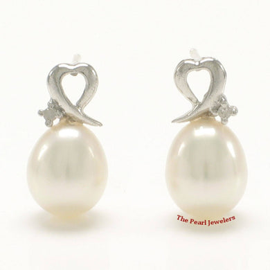 14k White Gold Diamond & White Teardrop Pearl Studs