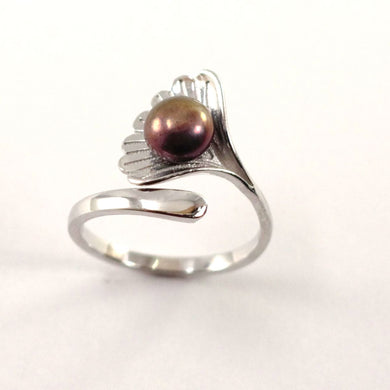 Silver .925 Eggplant Freshwater Cultured Pearl Shell-Style Adjustable Ring