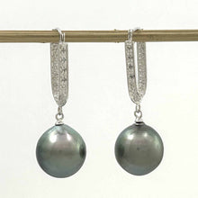 Load image into Gallery viewer, Elegant Black Baroque Tahitian Pearl Diamond Dangle Earrings – 14k White Gold