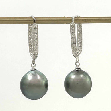 Elegant Black Baroque Tahitian Pearl Diamond Dangle Earrings – 14k White Gold